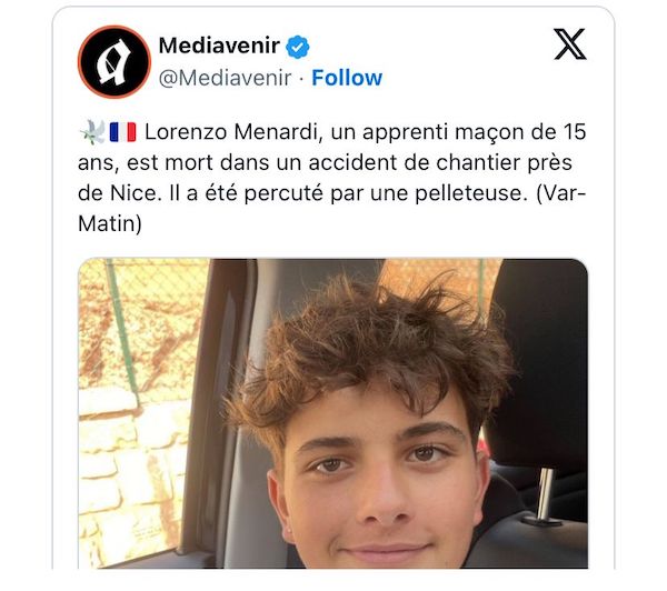 "J’ai perdu hier mon fils de 15 ans , Lorenzo" : Un adolescent décède suite à un accident de travail près de Nice