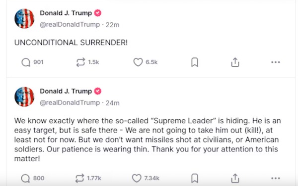 Donald Trump exige la « capitulation inconditionnelle » de l'Iran