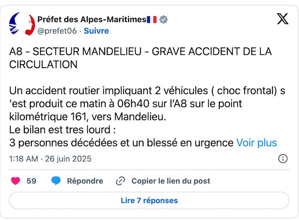 Près de Cannes, un accident sur l'autoroute A8 fait trois victimes et un blessé dans un état critique