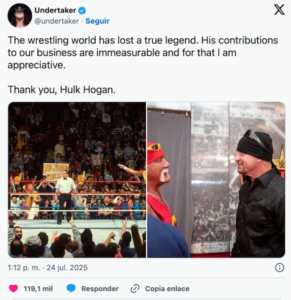 L'Undertaker fait ses adieux à Hulk Hogan avec un message émouvant : « Une vraie légende. »