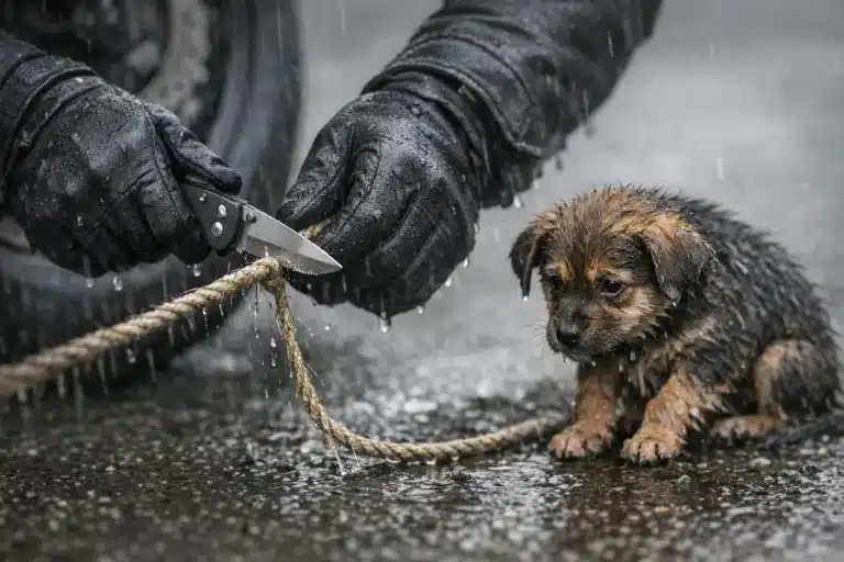 Sous une pluie battante, un motard découvre quatre chiots terrorisés attachés au bord de la route : son geste inattendu bouleverse leur destin
