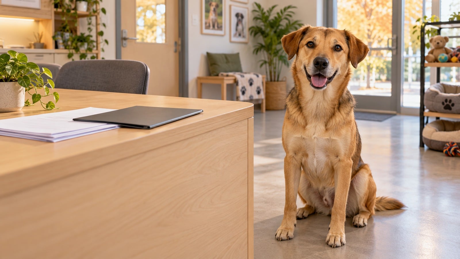 Illustration générée par IA d’un chien assis près du bureau d’accueil d’un refuge, avec un dossier sans inscription.