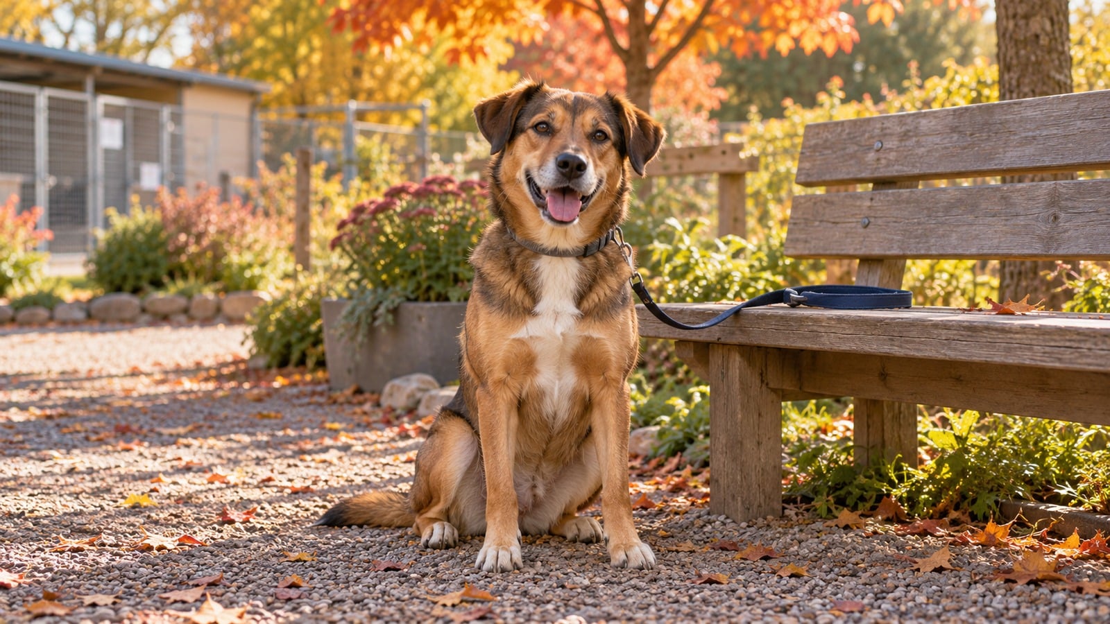 Illustration générée par IA d’un chien brun assis près d’un banc dans un refuge en automne ; ce chien générique n’est pas Fifille.