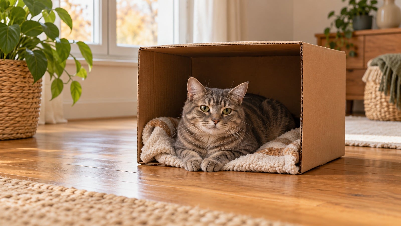 Illustration d’un chat tigré installé dans une boîte confortable, au calme dans une maison