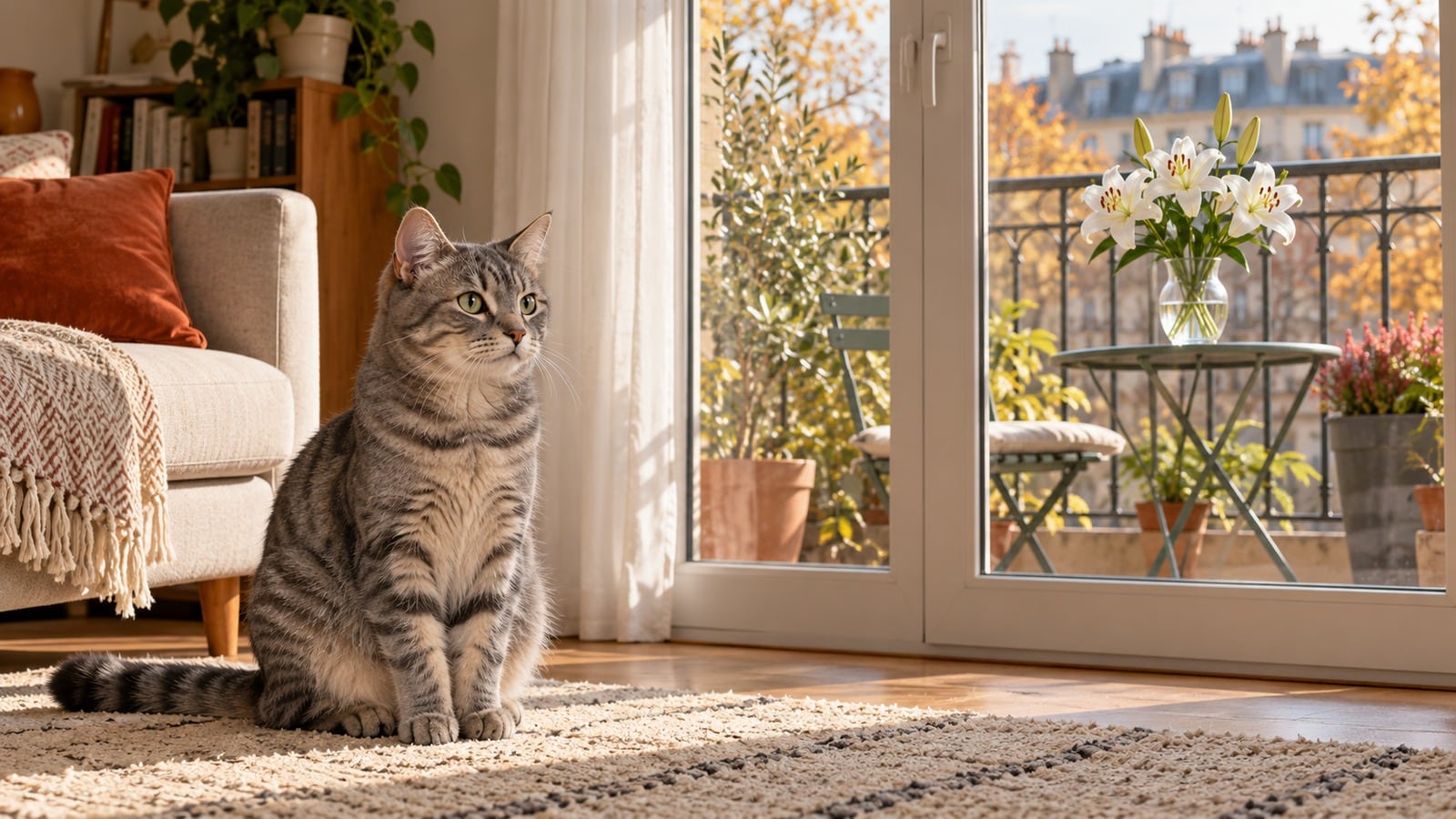 Illustration générée par IA : un chat tigré dans un salon, séparé par une porte vitrée fermée d’un bouquet de lys sur un balcon.